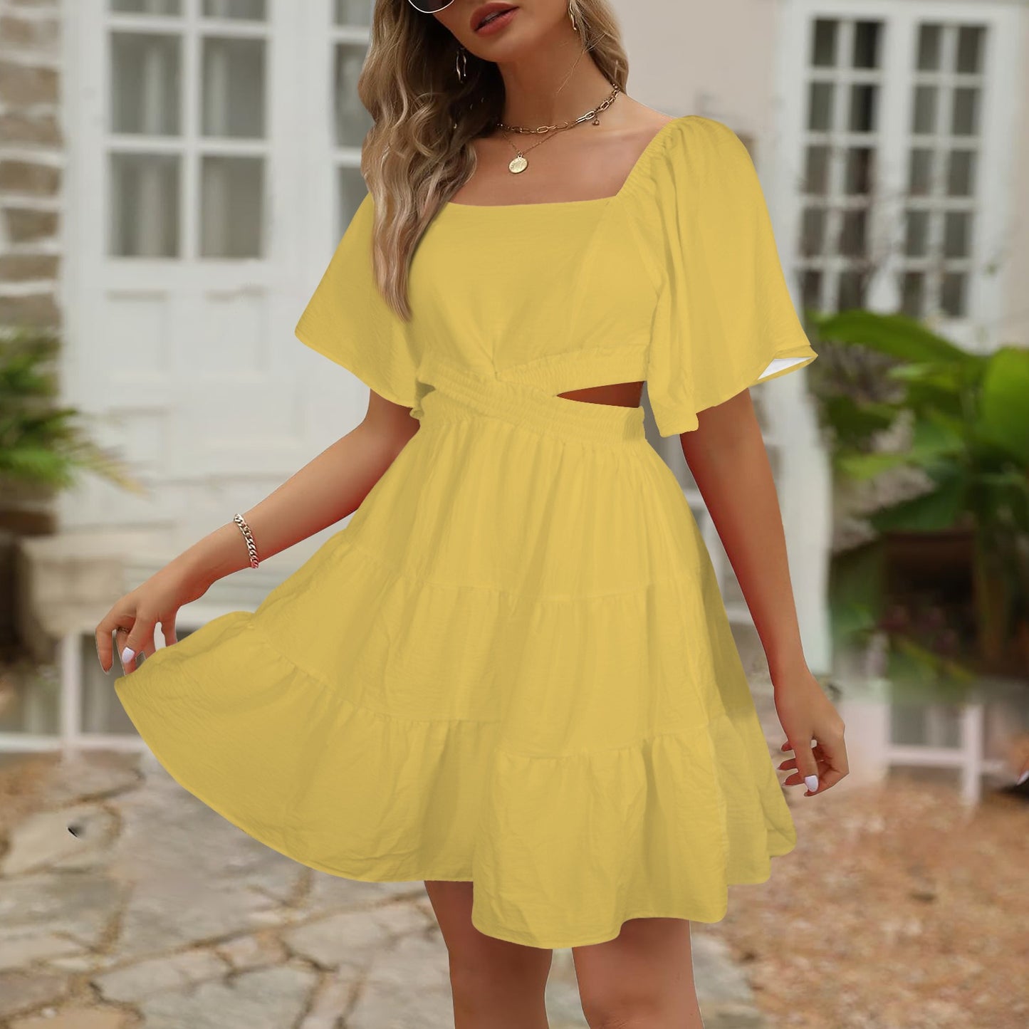 Women's Plain Square Neck Crossover Waist Cutout Casual Dresses