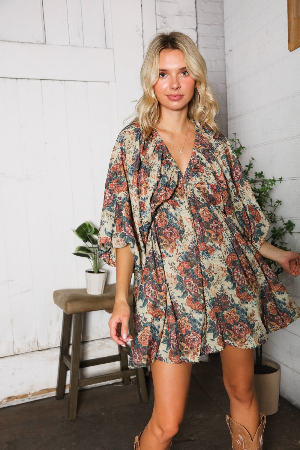 Autumn Equinox Antique Rose Boho V Neck Dress