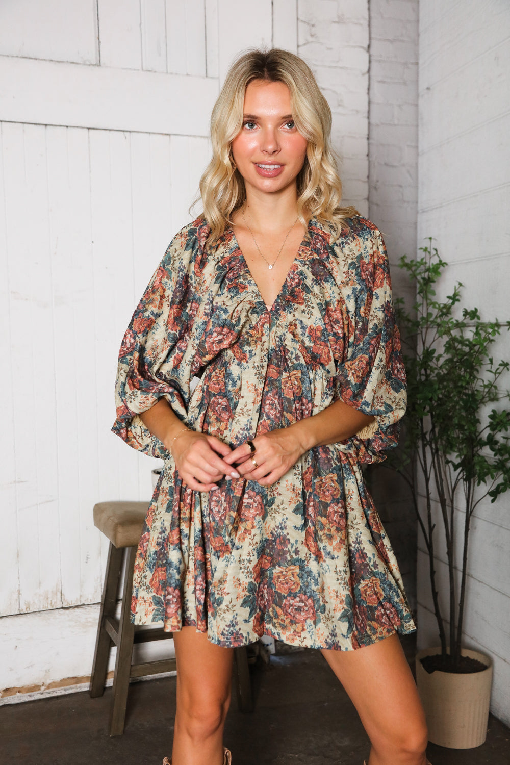 Autumn Equinox Antique Rose Boho V Neck Dress