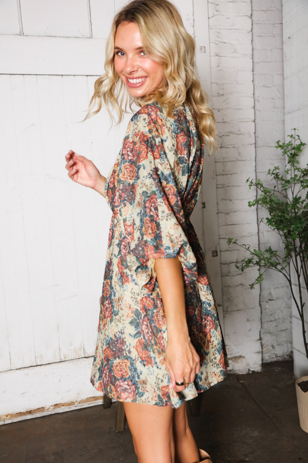 Autumn Equinox Antique Rose Boho V Neck Dress
