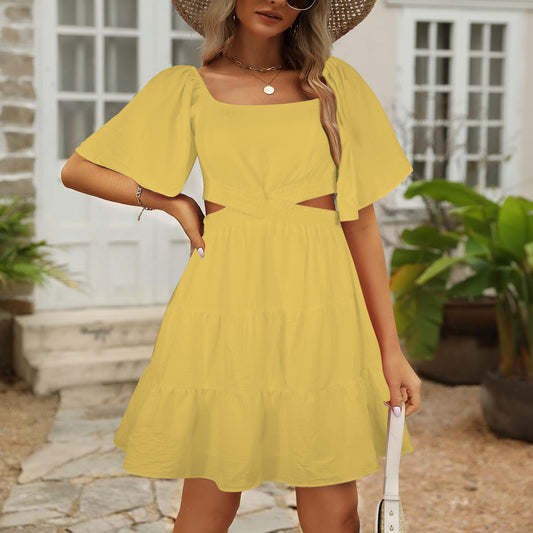 Women's Plain Square Neck Crossover Waist Cutout Casual Dresses