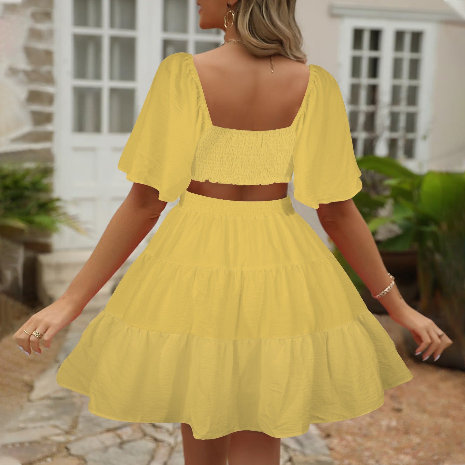 Women's Plain Square Neck Crossover Waist Cutout Casual Dresses
